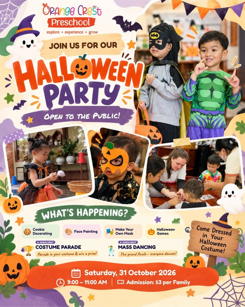 Halloween Party poster: join us for our Halloween party, open to the public, Saturday 31 October 2026, 9:00 to 11:00 AM, admission $3 per family. Cookie decorating, face painting, make your own mask, Halloween games, a costume parade with a prize and mass dancing as the grand finale. Come dressed in your Halloween costume.