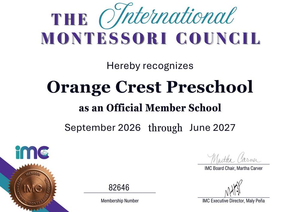 The International Montessori Council certificate recognising Orange Crest Preschool as an Official Member School from September 2026 through June 2027, membership number 82646