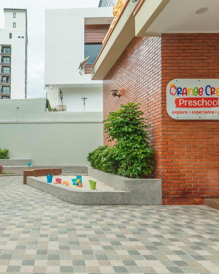 The main entrance of Orange Crest Preschool in Toul Kork, Phnom Penh, with the school sign above the door