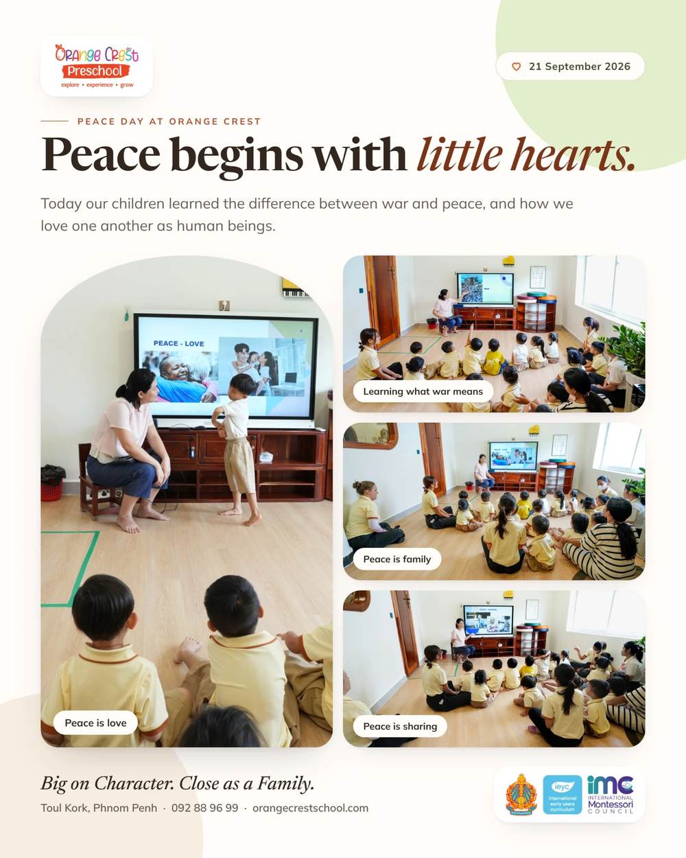 The Orange Crest Peace Day poster, dated 21 September 2026: the headline Peace begins with little hearts above four classroom photographs captioned Peace is love, Learning what war means, Peace is family and Peace is sharing